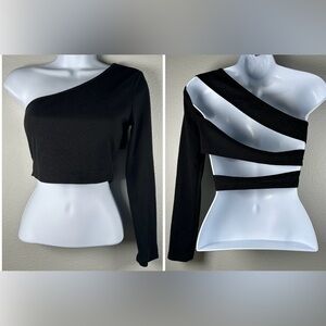 SHEIN Black Single Long Sleeve Cut Out Back Crop Top Size XS 2